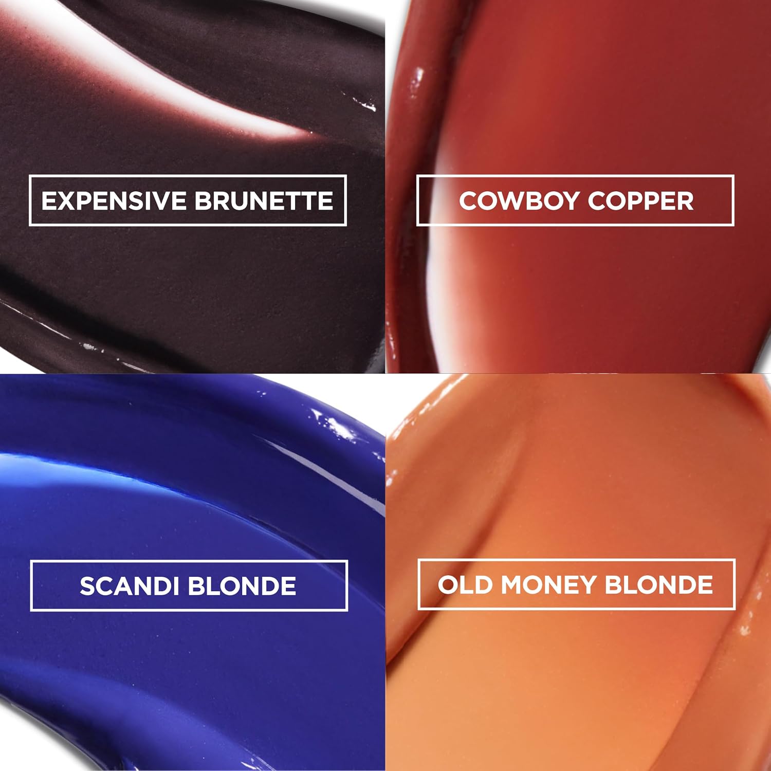 Four glossy Garnier Olia Gloss Tinted Hair Mask shades. Expensive Brunette, Cowboy Copper, Scandi Blonde and Old Money Blonde. for refreshing colour and shine.