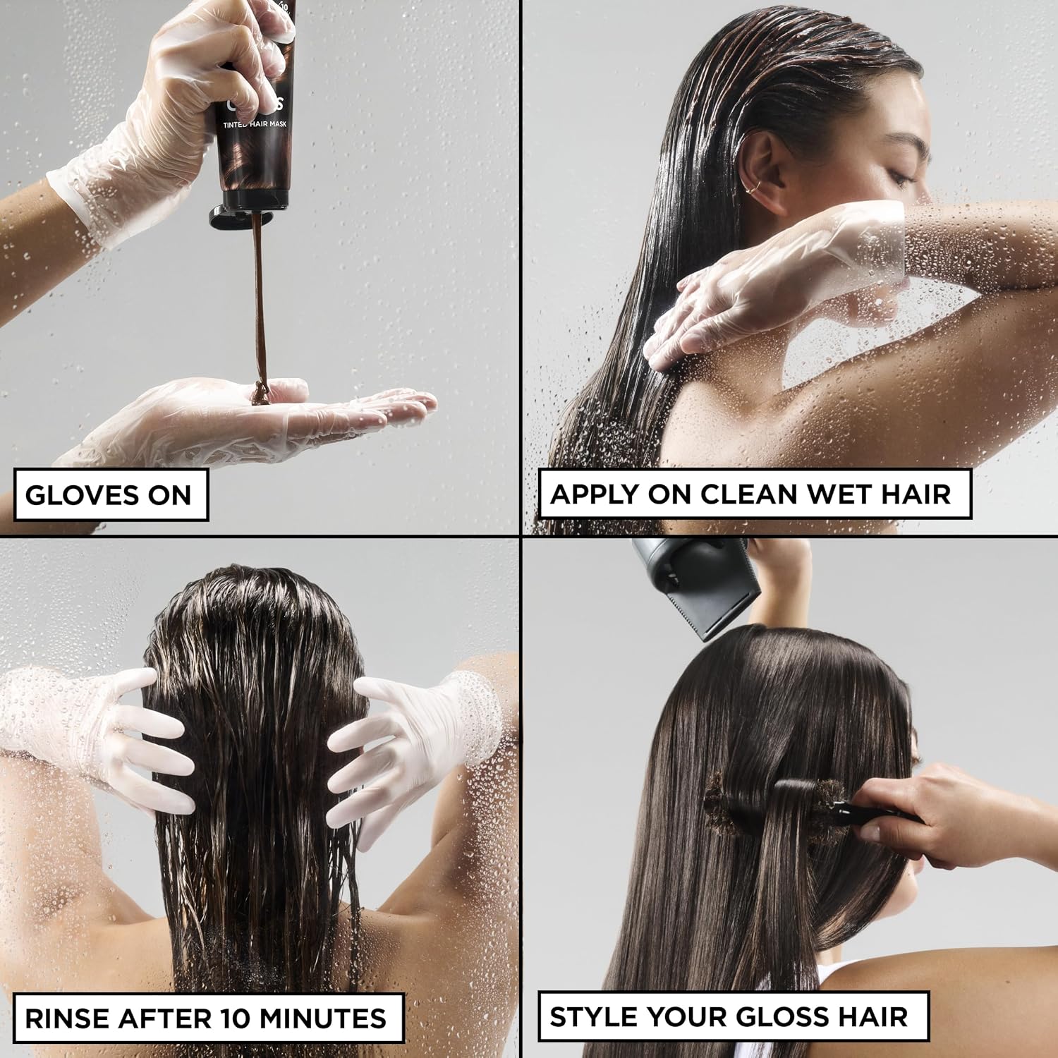 Garnier Olia Gloss Tinted Hair Mask application guide showing gloved application to clean wet hair, a 10-minute development time and glossy styled results.