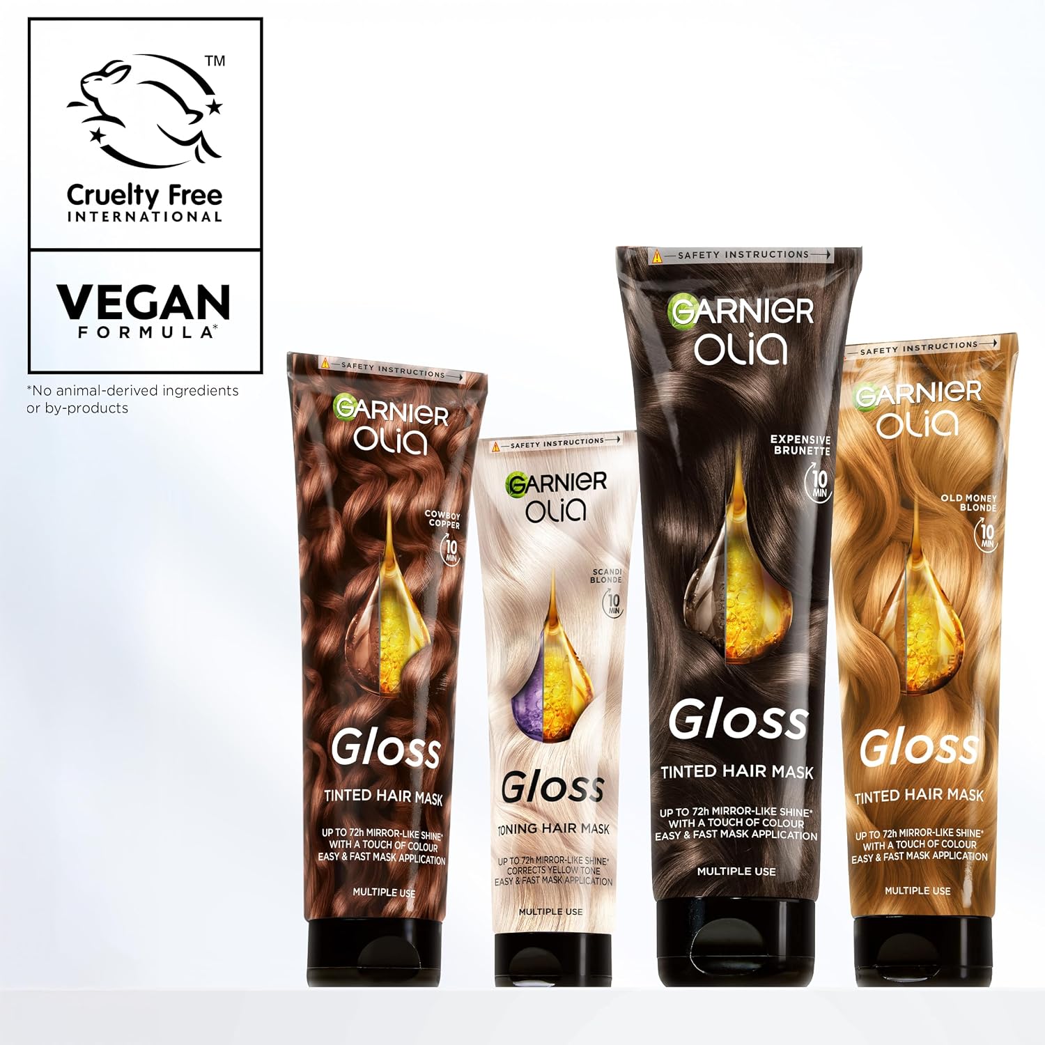 Four Garnier Olia Gloss Tinted Hair Mask 150ml tubes on white, featuring vegan formulas, easy 10-minute application and up to 72-hour mirror-like shine.