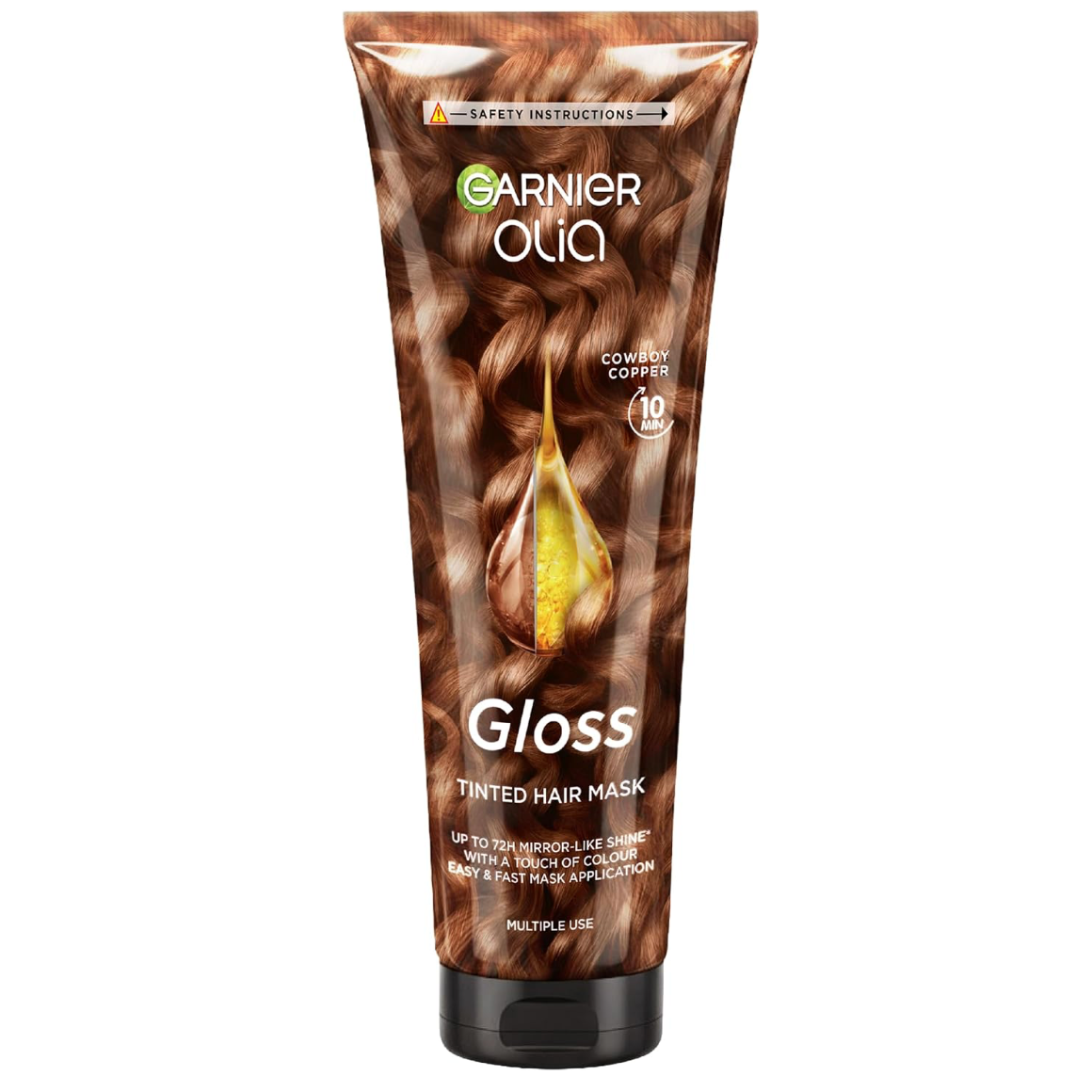 Garnier Olia Gloss Cowboy Copper Tinted Hair Mask 150ml tube on white, designed to refresh copper tones and provide up to 72-hour mirror-like shine.