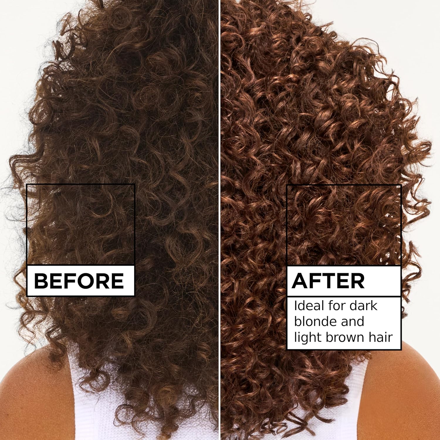 Before-and-after dark blonde curly hair treated with Garnier Olia Gloss Cowboy Copper, showing richer copper colour, enhanced curl definition and shine.
