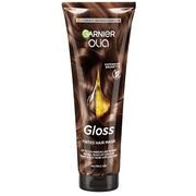 Garnier Olia Gloss Expensive Brunette Tinted Hair Mask 150ml tube on white, refreshing brown tones with a touch of colour and up to 72-hour shine.
