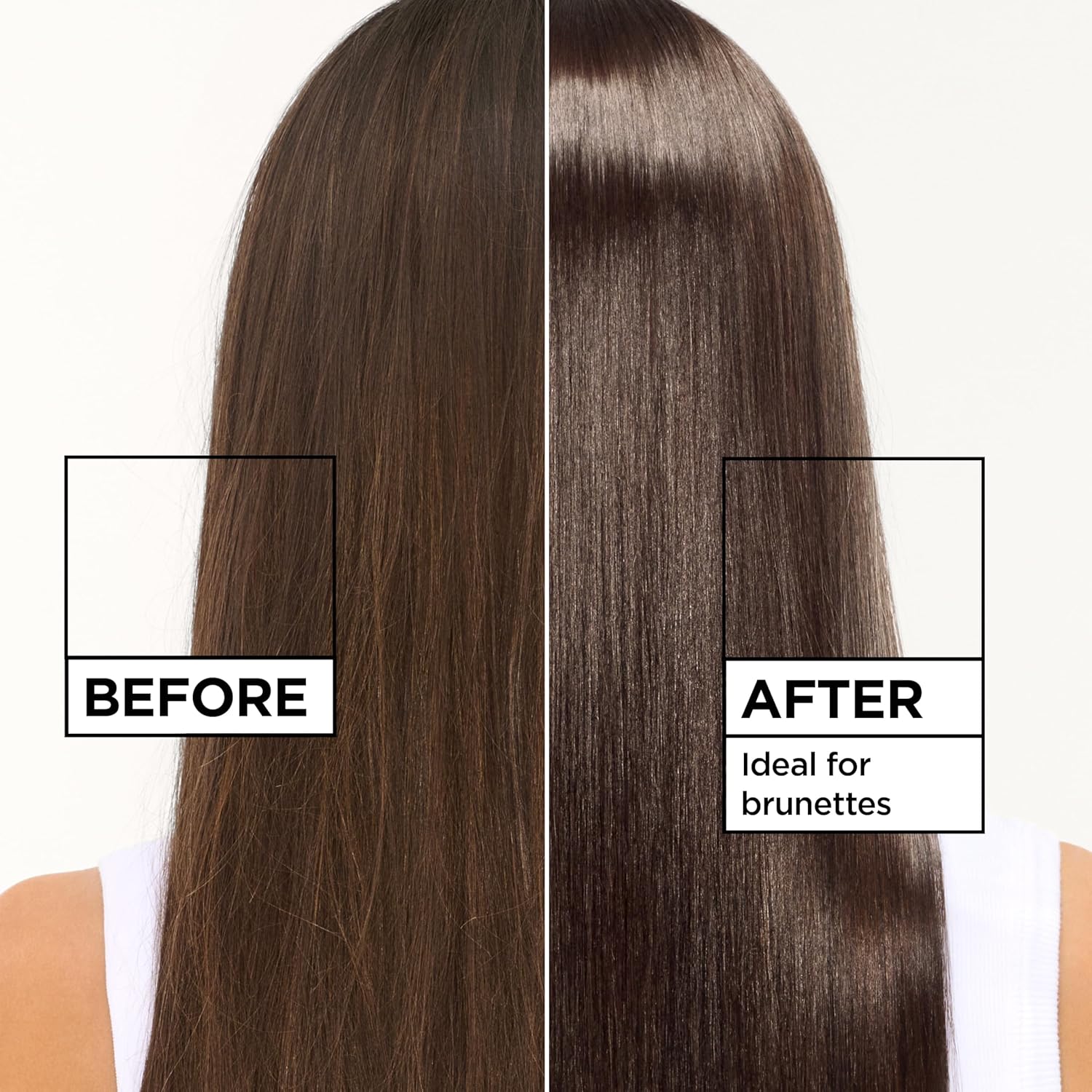 Before-and-after brunette hair treated with Garnier Olia Gloss Expensive Brunette, showing a richer dark brown tone with smoother, mirror-like shine.