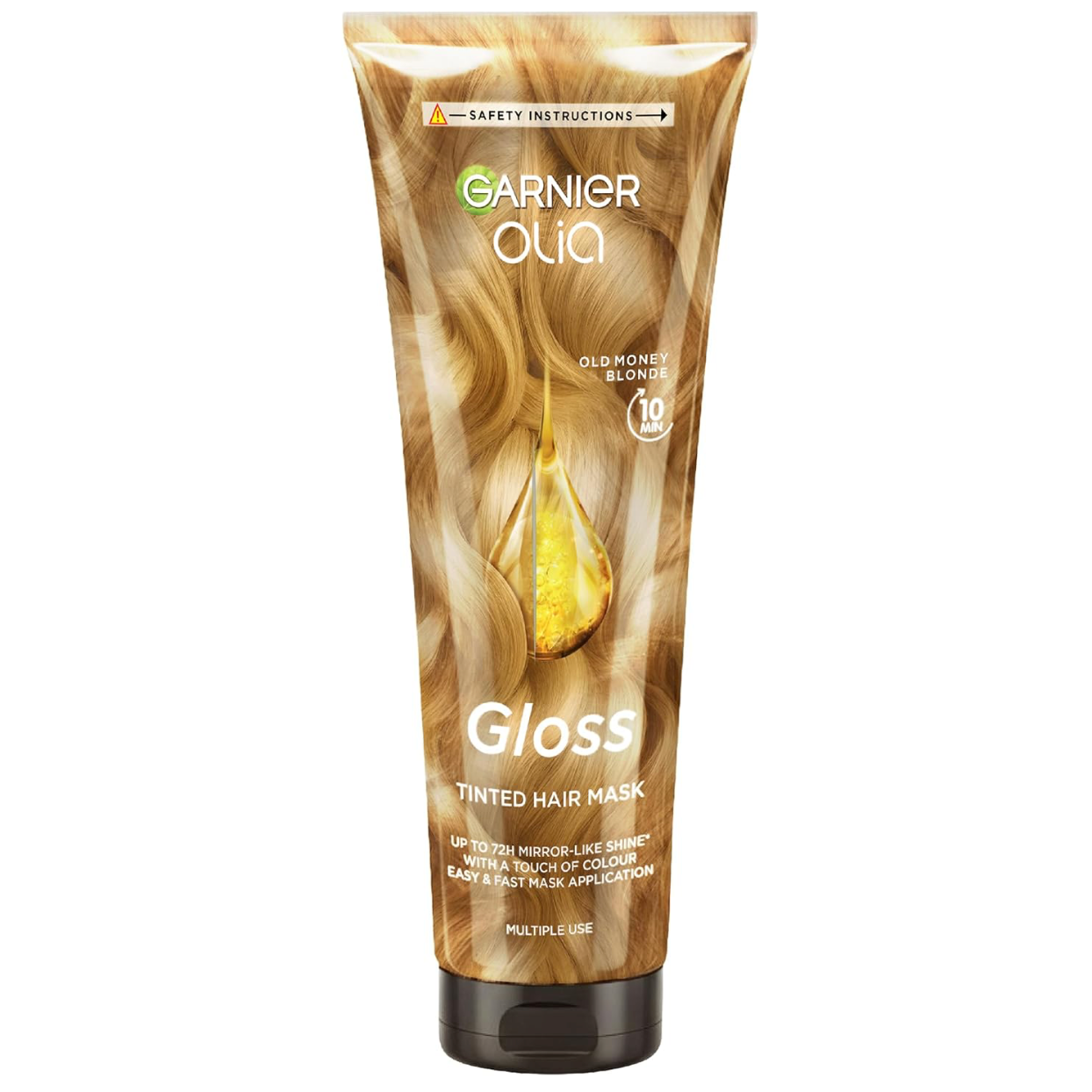Garnier Olia Gloss Old Money Blonde Tinted Hair Mask 150ml tube on white, adding a touch of golden blonde colour and up to 72-hour mirror-like shine.