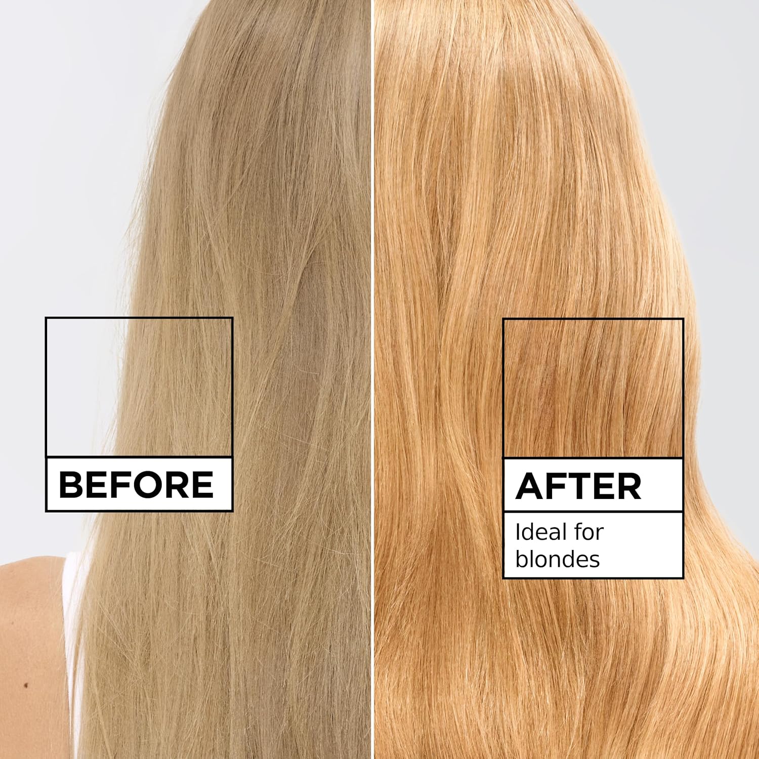 Before-and-after blonde hair treated with Garnier Olia Gloss Old Money Blonde, showing a warmer golden tone with smoother, glossier-looking results.