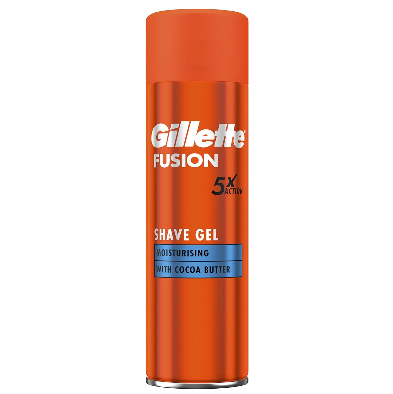 Gillette Fusion 5x Action Moisturising Shave Gel with cocoa butter in a metallic orange can and matching cap, centred on a clean white background.