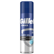 Gillette Series Cleansing Shave Gel with Charcoal in a tall navy-blue and silver aerosol can with matching blue cap and gel-drop graphic, centred on a clean white background for a smooth shave and protection against irritation.
