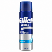 Gillette Series Shave Protection Moisturising Shave Foam 200ml in a blue and silver aerosol can with blue cap, centred on a clean white background.
