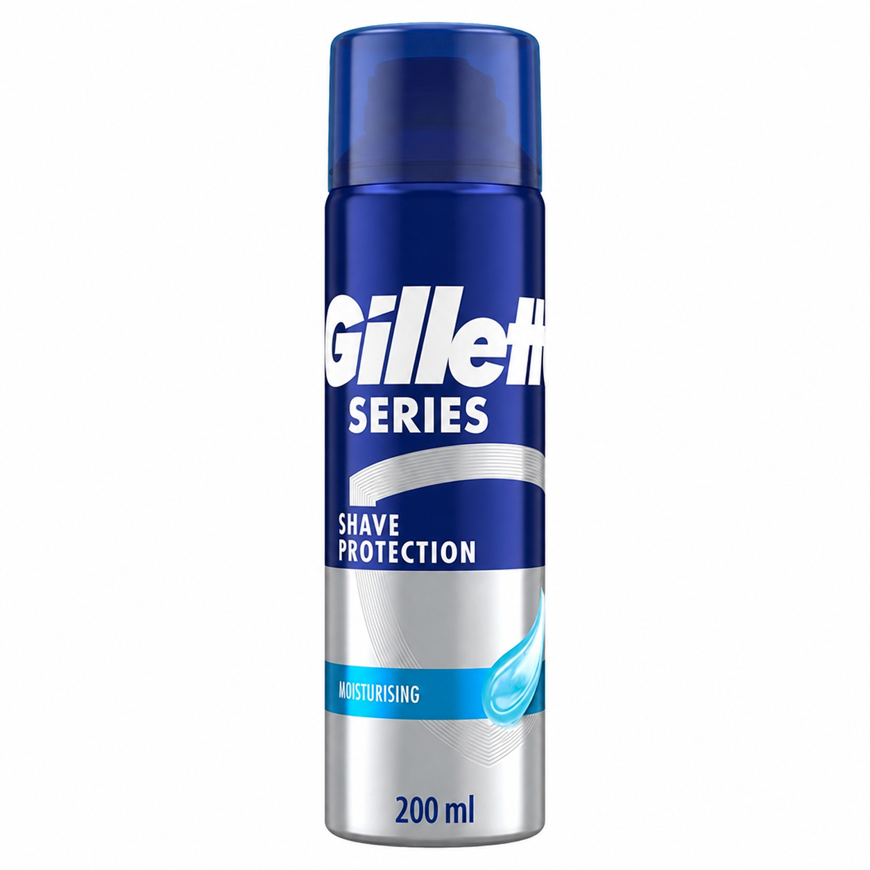 Gillette Series Shave Protection Moisturising Shave Foam 200ml in a blue and silver aerosol can with blue cap, centred on a clean white background.