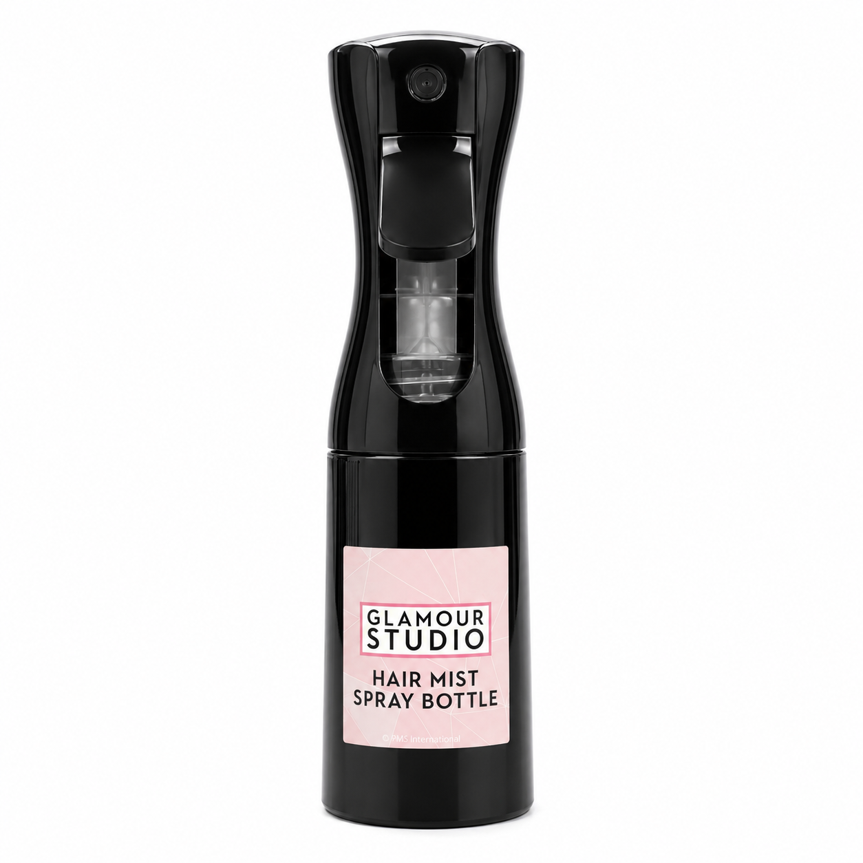 Glamour Studio Hair Mist Spray Bottle in black with continuous fine mist spray for hairdressing, barbering, styling and plant care.