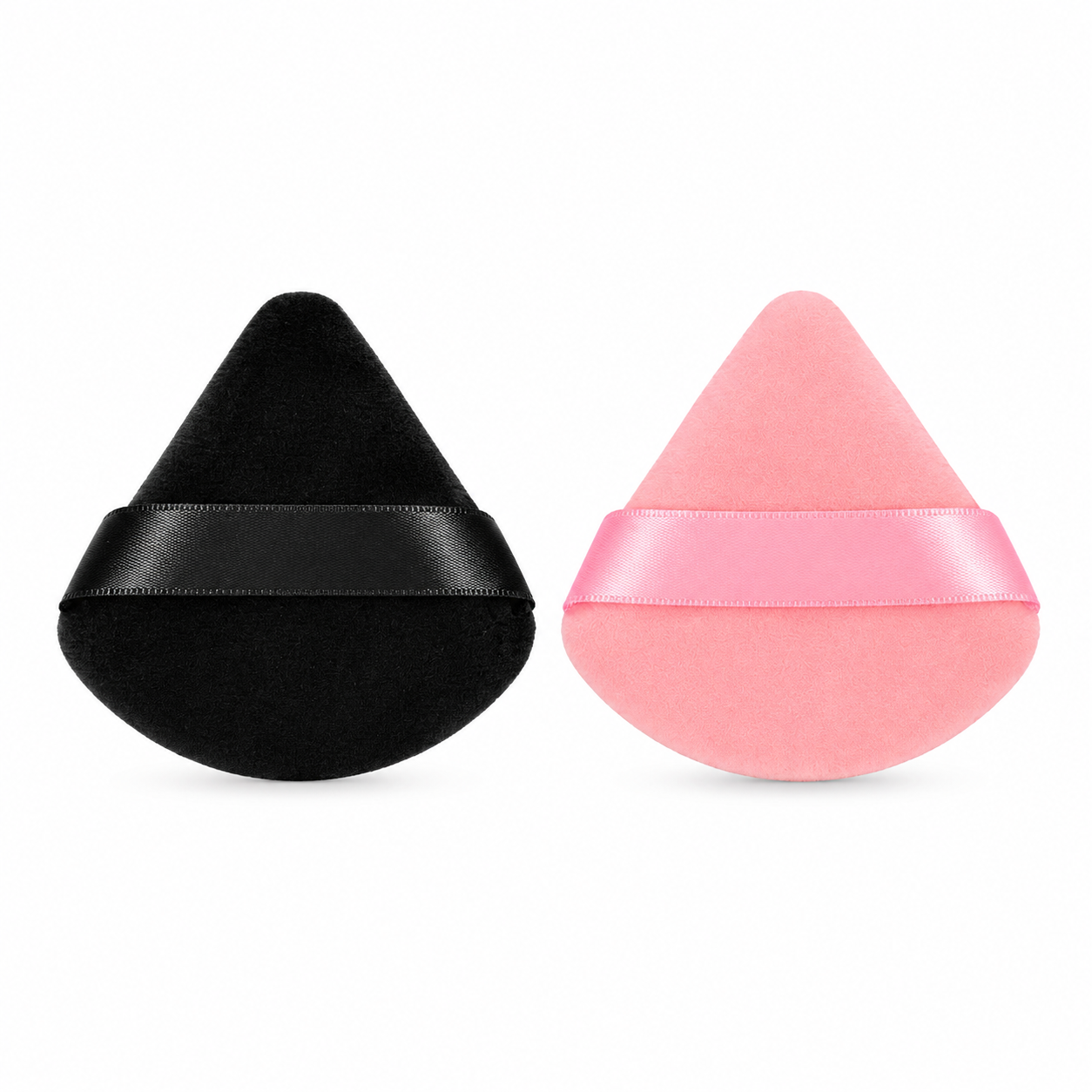 Glamour Studio Triangle Powder Puff Sponges in black and pink with soft velour finish and satin finger strap for precise makeup application.