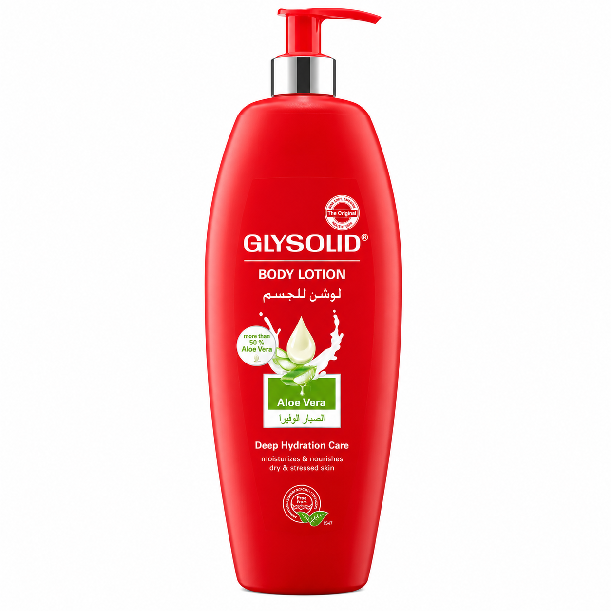 Glysolid Aloe Vera Deep Hydration Care Body Lotion 500ml with over 50% aloe vera, formulated to moisturise and nourish dry, stressed skin in a pump bottle on a white background