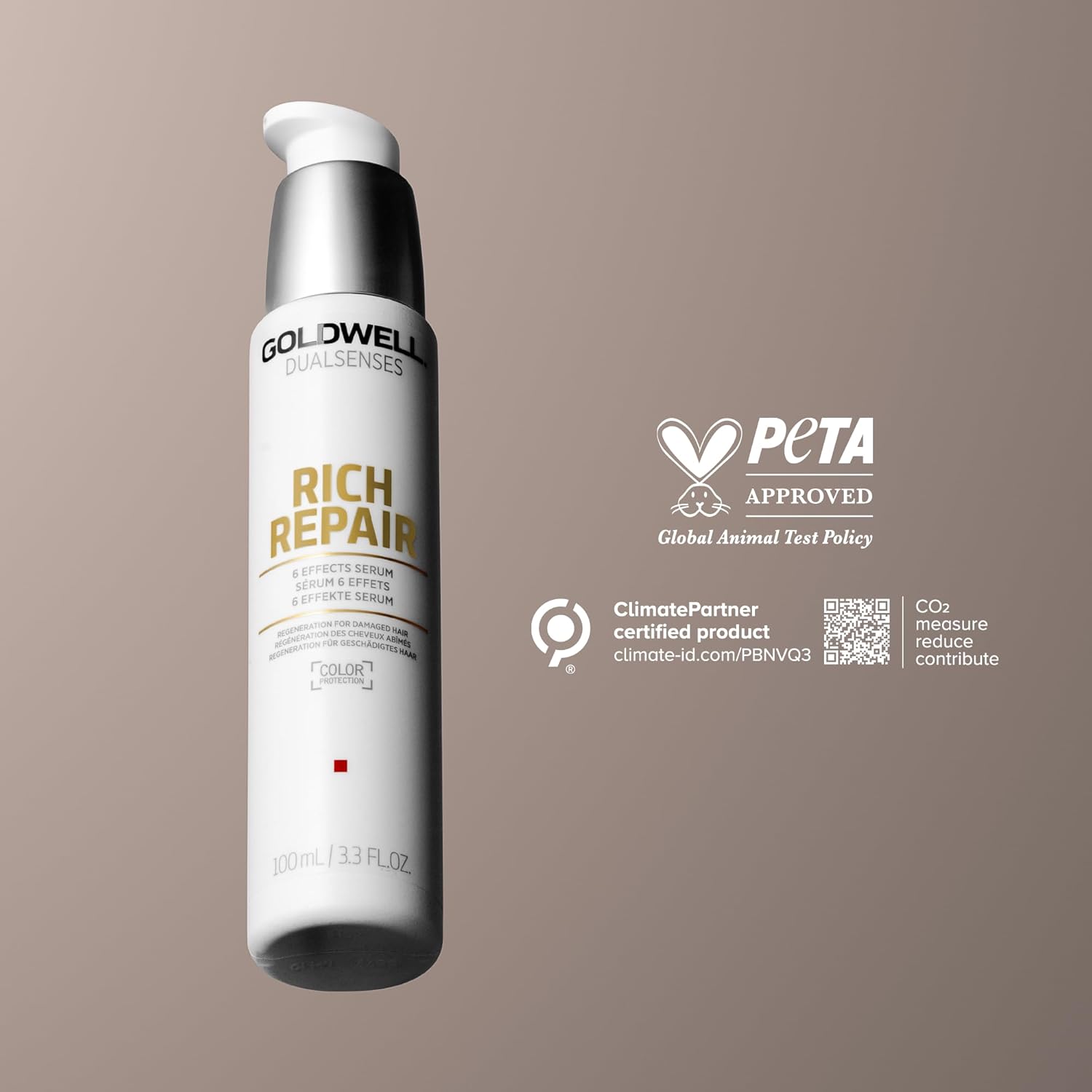 Goldwell Dualsenses Rich Repair 6 Effects Serum 100ml with PETA-approved vegan formula and ClimatePartner certified packaging for damaged hair.