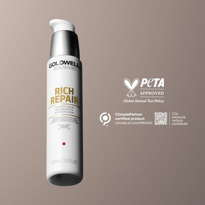 Goldwell Dualsenses Rich Repair 6 Effects Serum 100ml with PETA-approved vegan formula and ClimatePartner certified packaging for damaged hair.