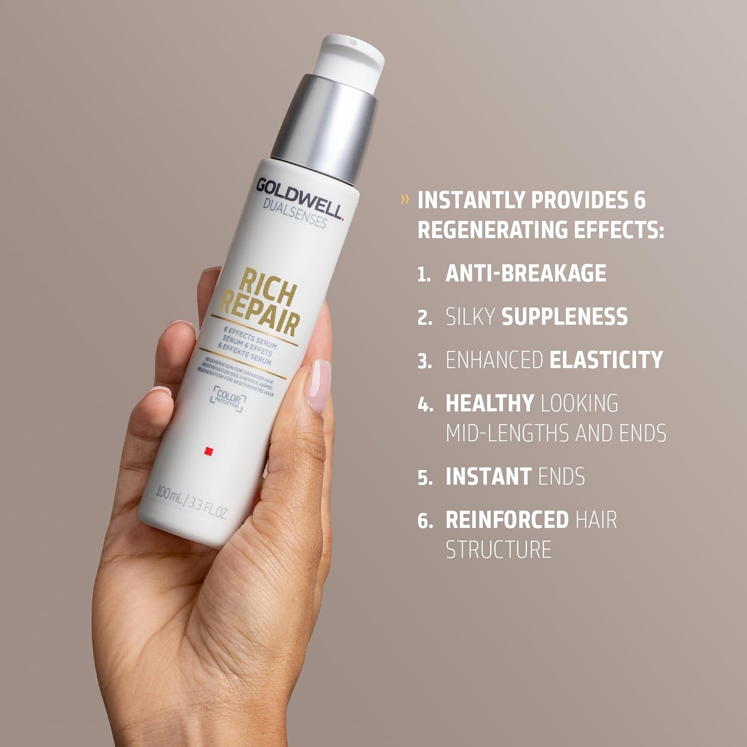 Goldwell Dualsenses Rich Repair 6 Effects Serum providing anti-breakage protection, enhanced elasticity, silky softness and healthier-looking hair.