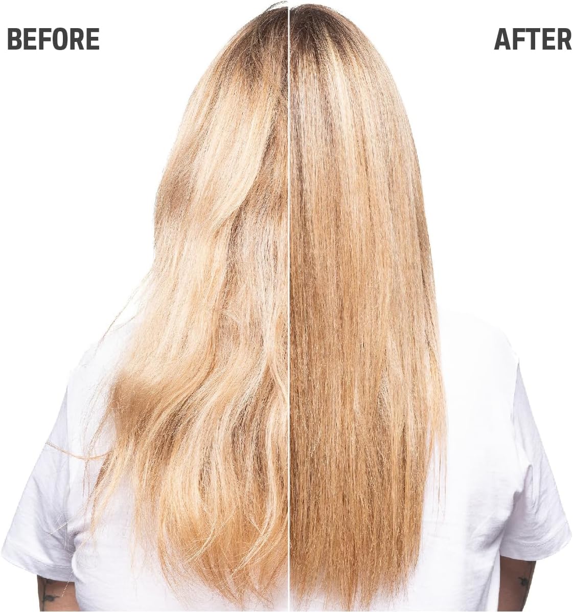 Before and after results using Goldwell Dualsenses Rich Repair 6 Effects Serum, showing smoother, shinier and healthier-looking damaged hair.