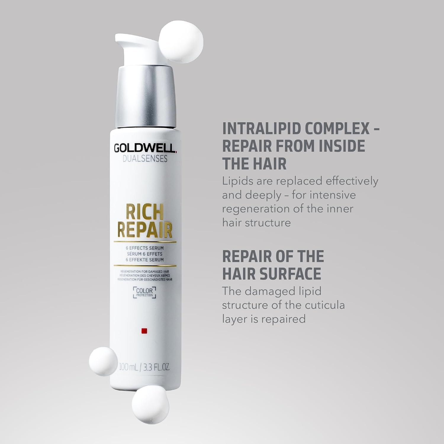 Goldwell Dualsenses Rich Repair 6 Effects Serum with IntraLipid Complex to repair damaged hair from within and restore the hair surface.