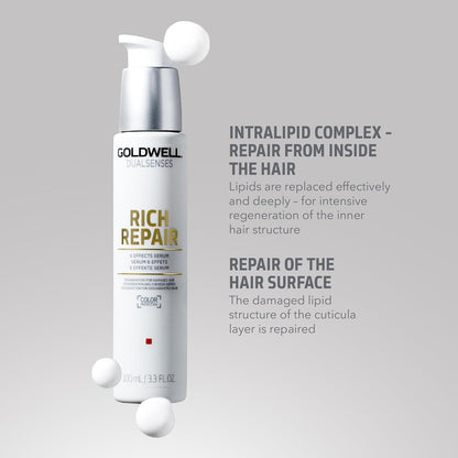 Goldwell Dualsenses Rich Repair 6 Effects Serum with IntraLipid Complex to repair damaged hair from within and restore the hair surface.