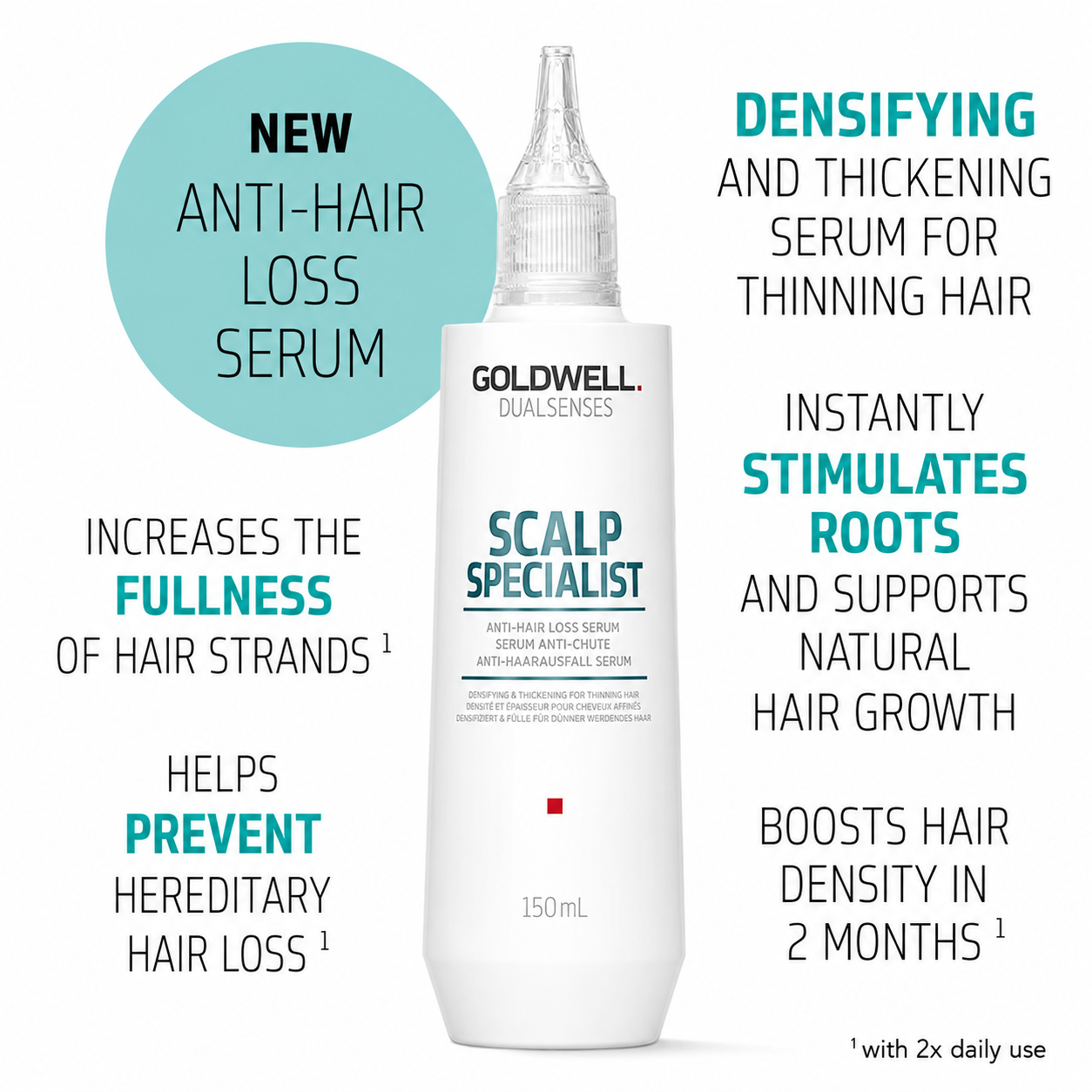 Goldwell Dualsenses Scalp Specialist Anti-Hair Loss Serum helps stimulate hair roots, improve hair fullness, support natural hair growth and increase hair density.