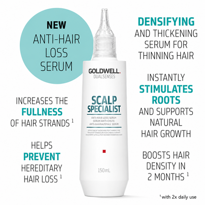 Goldwell Dualsenses Scalp Specialist Anti-Hair Loss Serum helps stimulate hair roots, improve hair fullness, support natural hair growth and increase hair density.