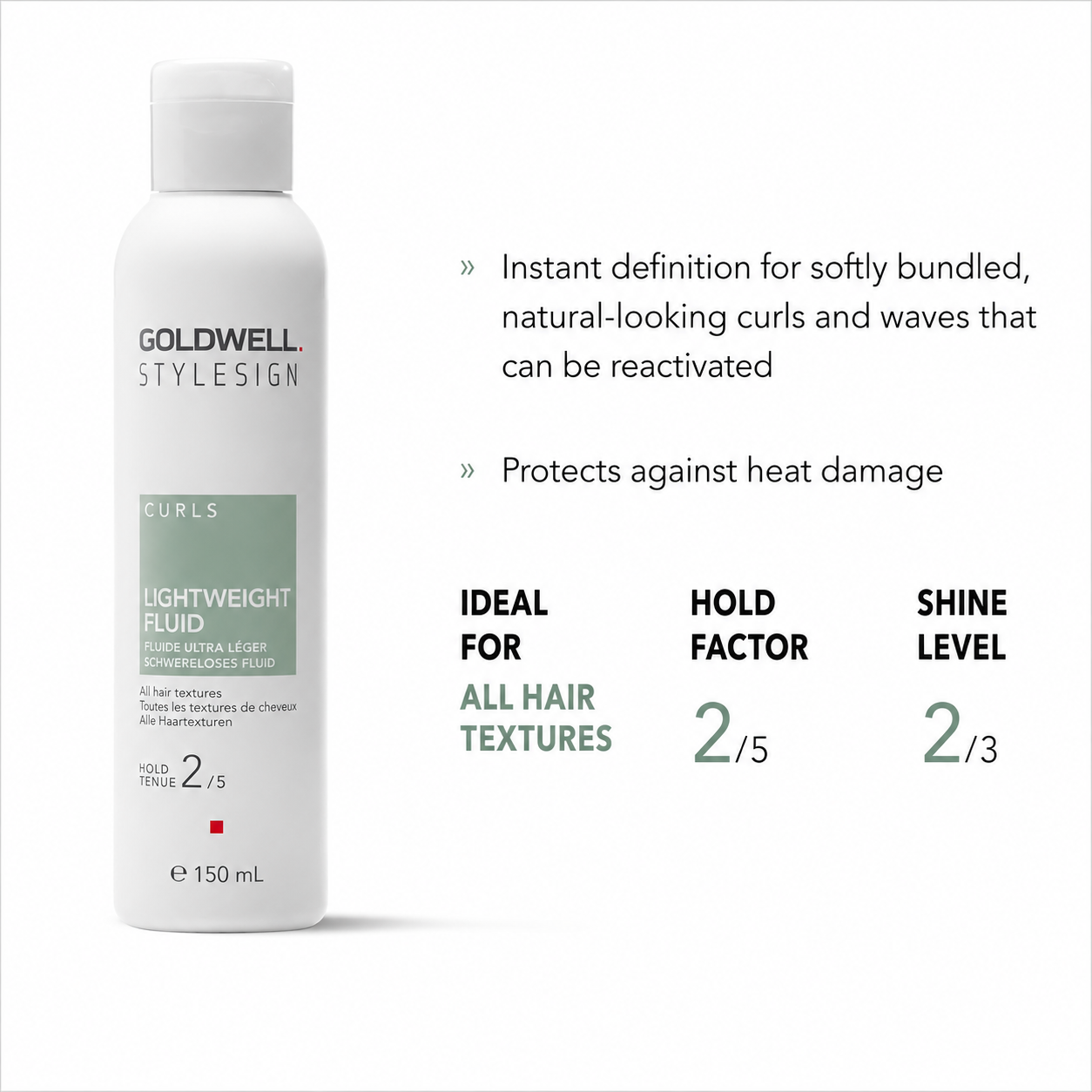 Goldwell StyleSign Curls Lightweight Fluid 150ml providing lightweight curl definition, heat protection and reactivatable natural-looking curls with hold level 2.