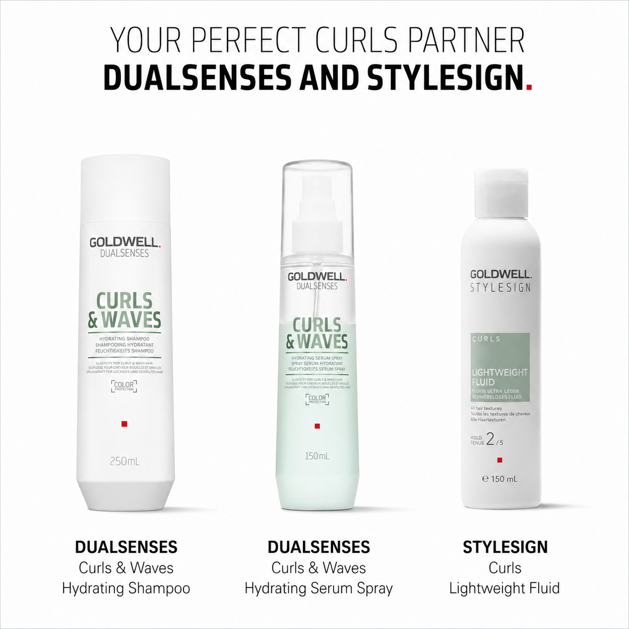 Goldwell StyleSign Curls Lightweight Fluid paired with Dualsenses Curls & Waves Shampoo and Hydrating Serum Spray for a complete curl care routine.