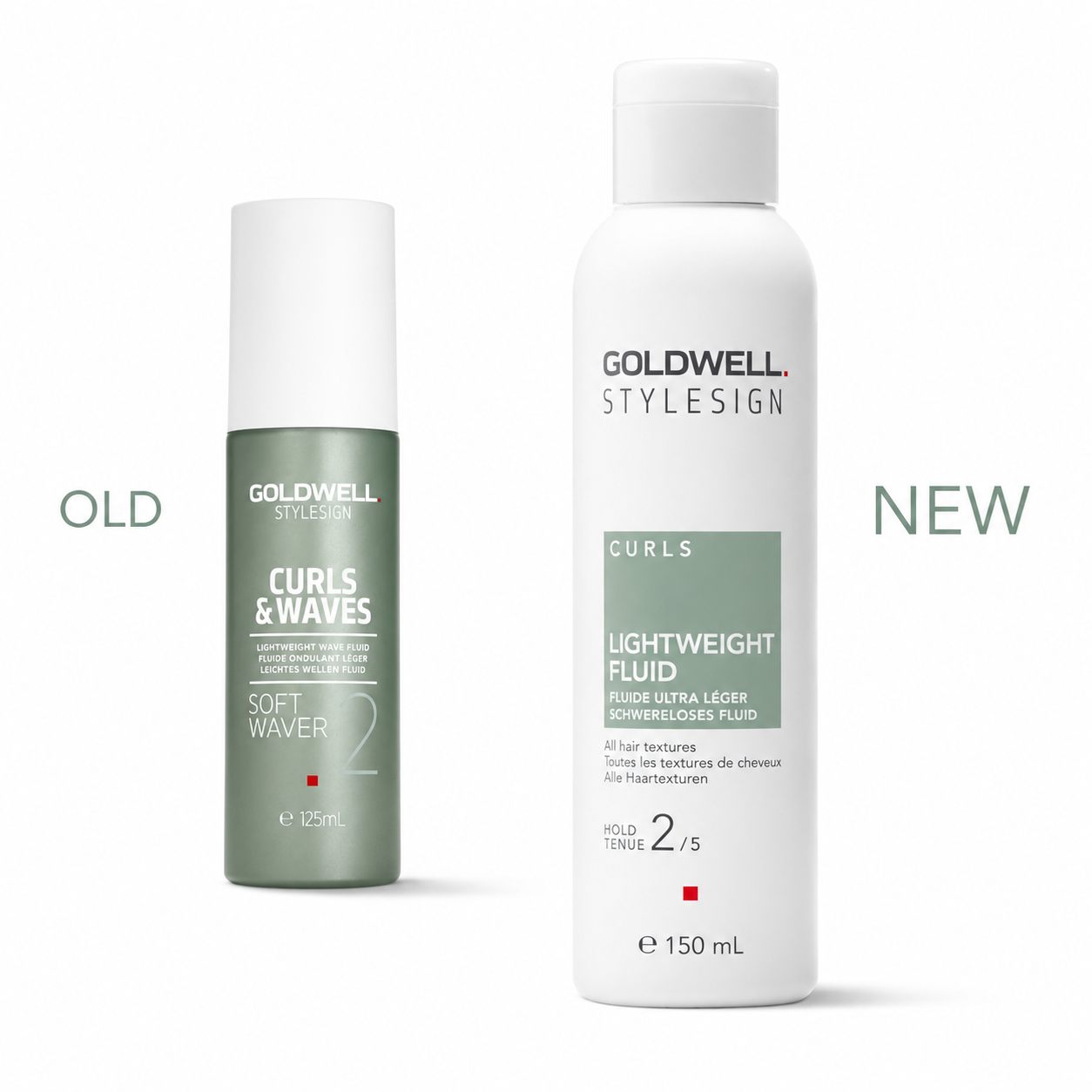 Goldwell StyleSign Curls Lightweight Fluid 150ml showing updated packaging alongside previous design for curl definition, heat protection and flexible hold.