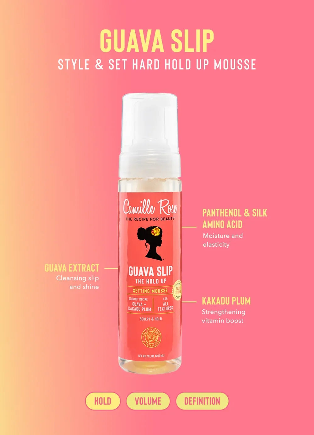 Guava Slip styling and setting mousse by Camille Rose, shown in a clear bottle with a white pump against a pink-to-orange gradient background with descriptive text callouts.
