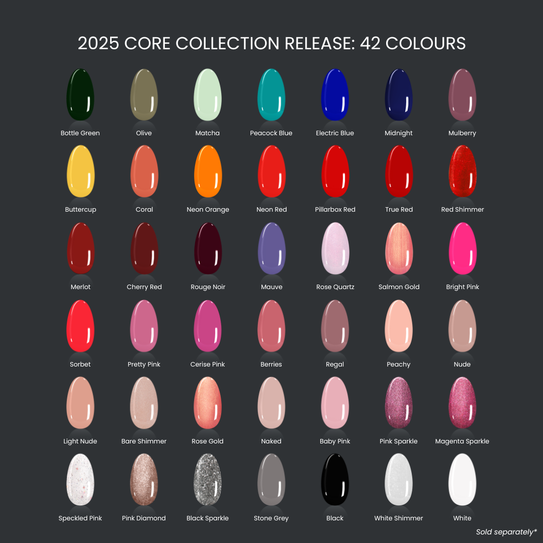 2025 core collection release displaying 42 swatch examples of Halo Gel Polish Plus 12ml a HEMA-free, TPO-free, vegan and cruelty-free gel polish