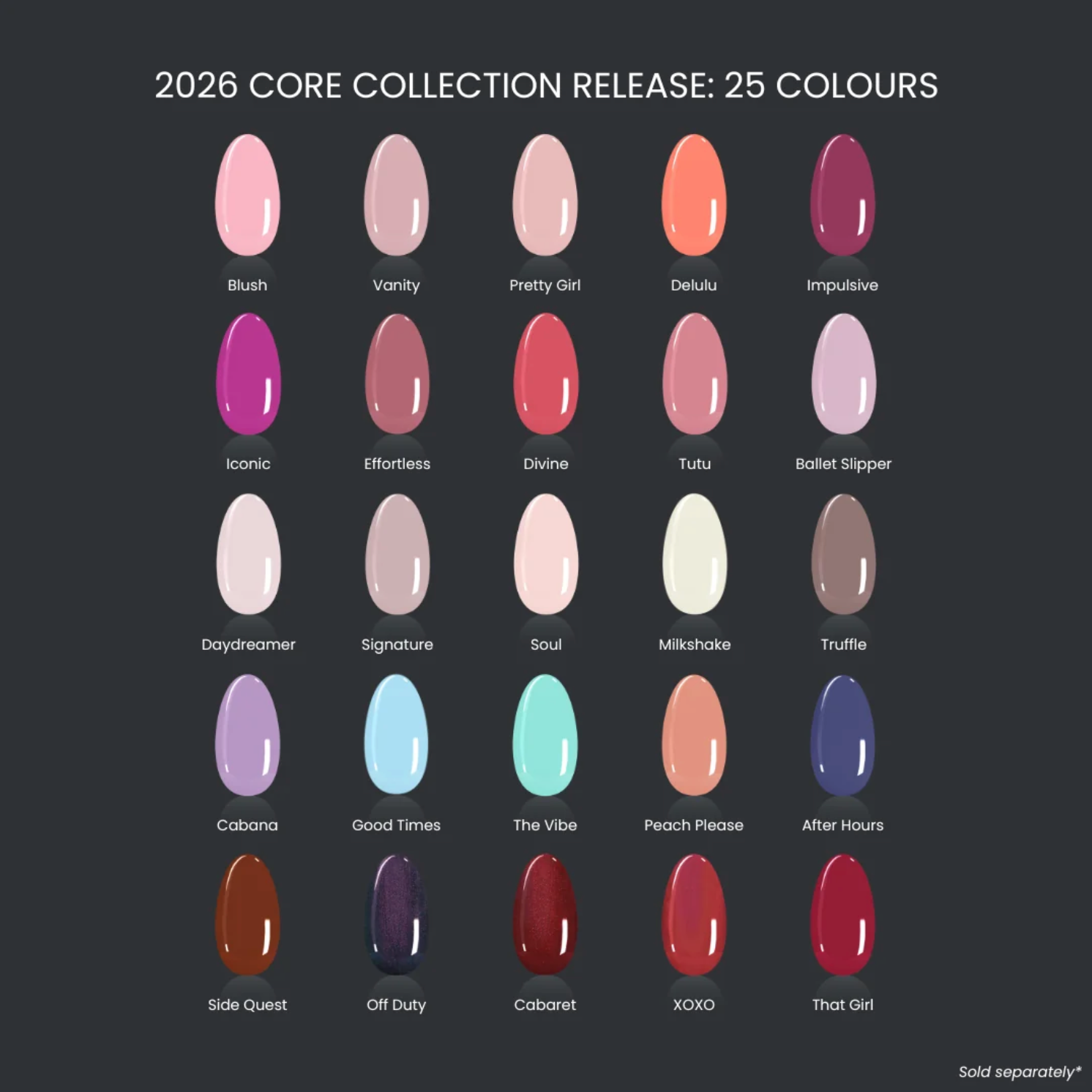 2025 core collection release displaying 25 swatch examples of Halo Gel Polish Plus 12ml a HEMA-free, TPO-free, vegan and cruelty-free gel polish