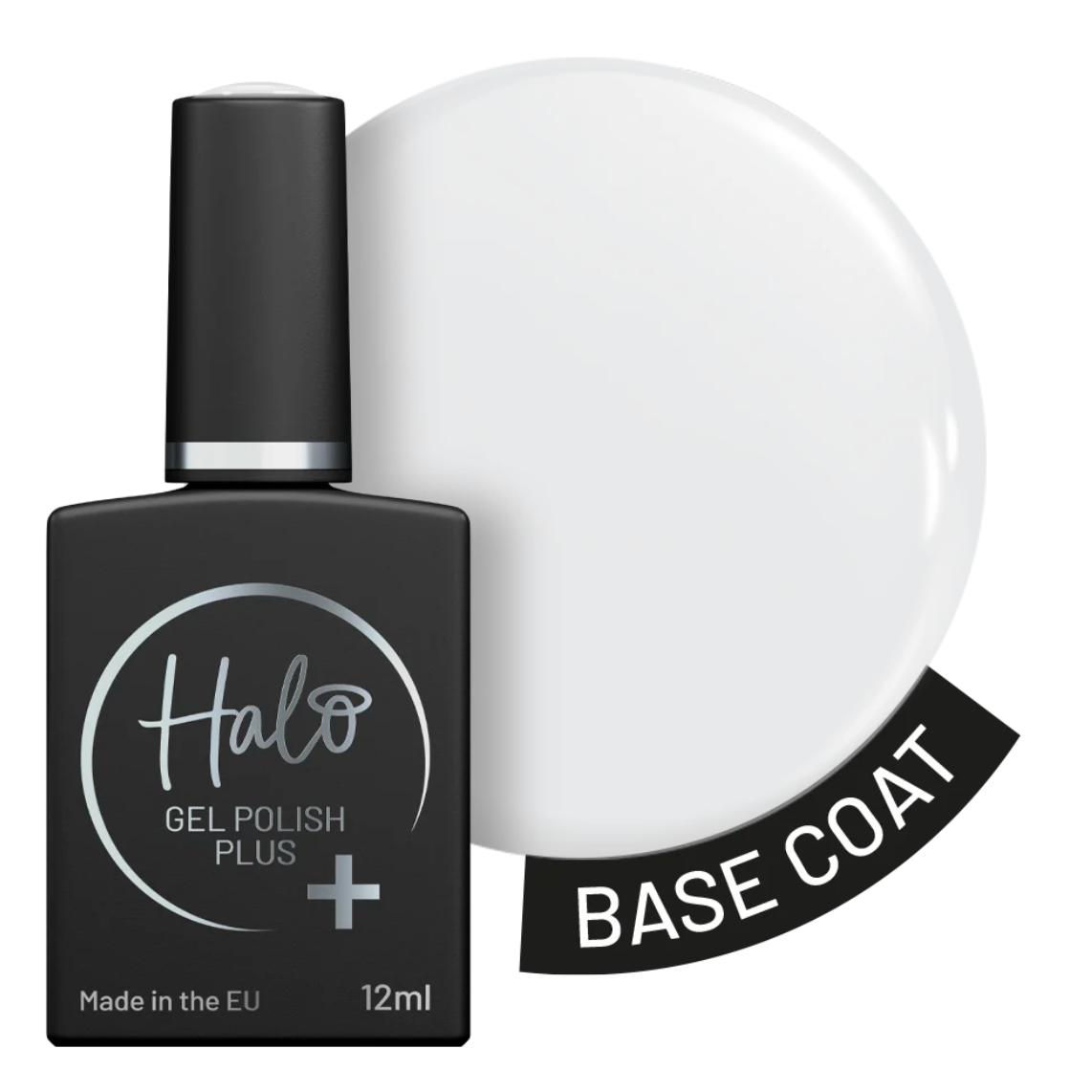 Black Halo Gel Polish Plus Base Coat 12ml bottle beside a glossy clear swatch on a white background for a smooth gel manicure base.