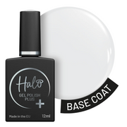 Black Halo Gel Polish Plus Base Coat 12ml bottle beside a glossy clear swatch on a white background for a smooth gel manicure base.