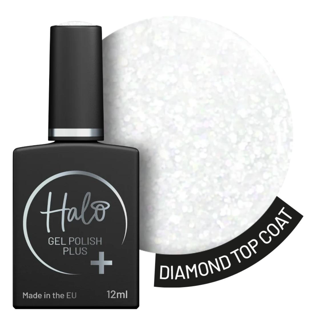 Black Halo Gel Polish Plus Diamond Top Coat 12ml bottle beside an iridescent glitter swatch on white for a sparkling gel nail finish.