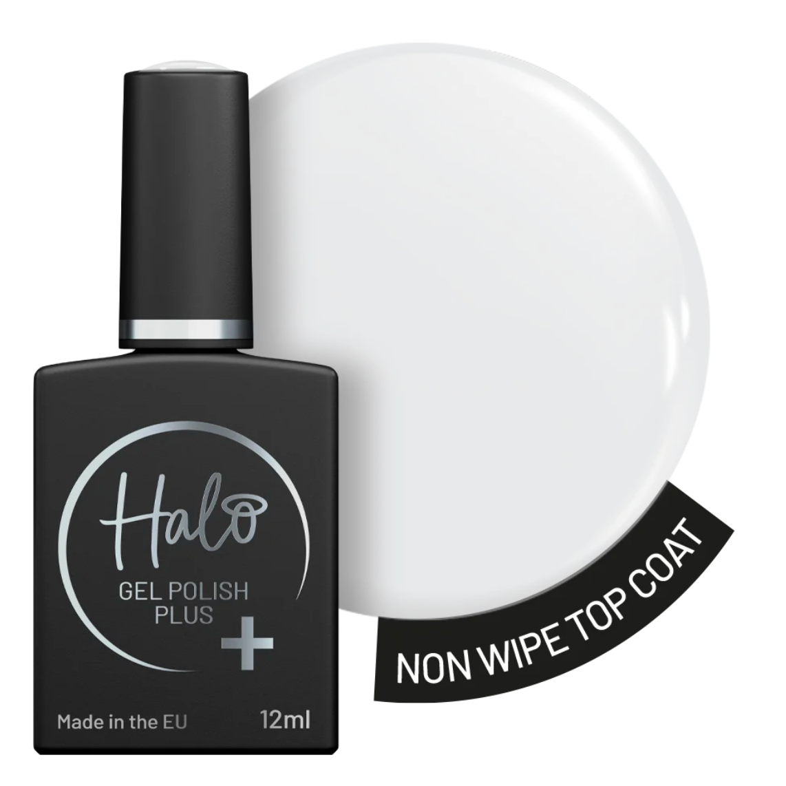 Black Halo Gel Polish Plus Non Wipe Top Coat 12ml bottle beside a glossy clear swatch on white, sealing gel colour with lasting shine.