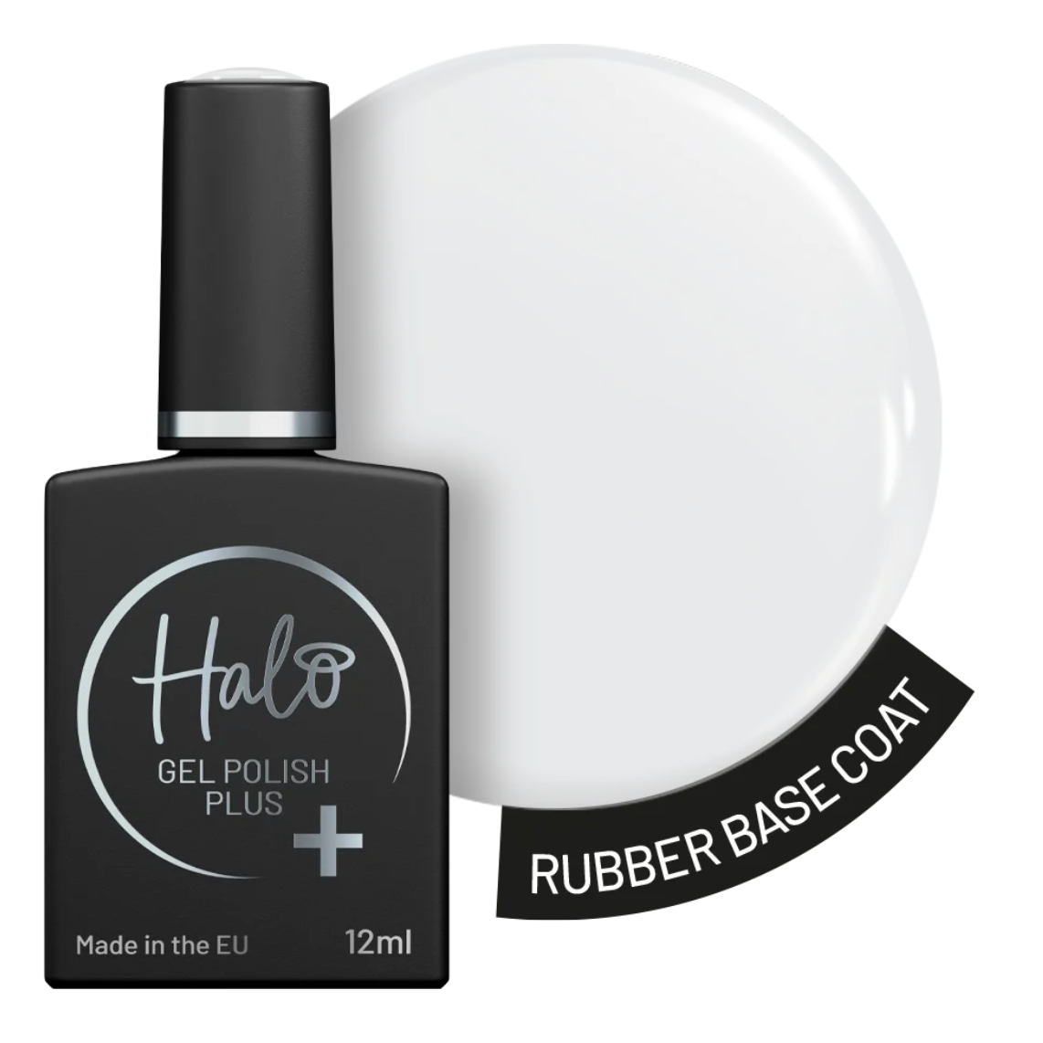 Black Halo Gel Polish Plus Rubber Base Coat 12ml bottle with a glossy clear swatch on a white background for a flexible manicure base.