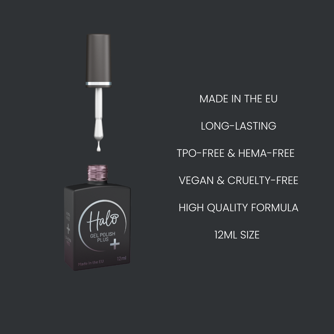 Open Halo Gel Polish Plus 12ml black bottle and brush on a charcoal background, highlighting its long-lasting, TPO-free, HEMA-free and vegan formula.