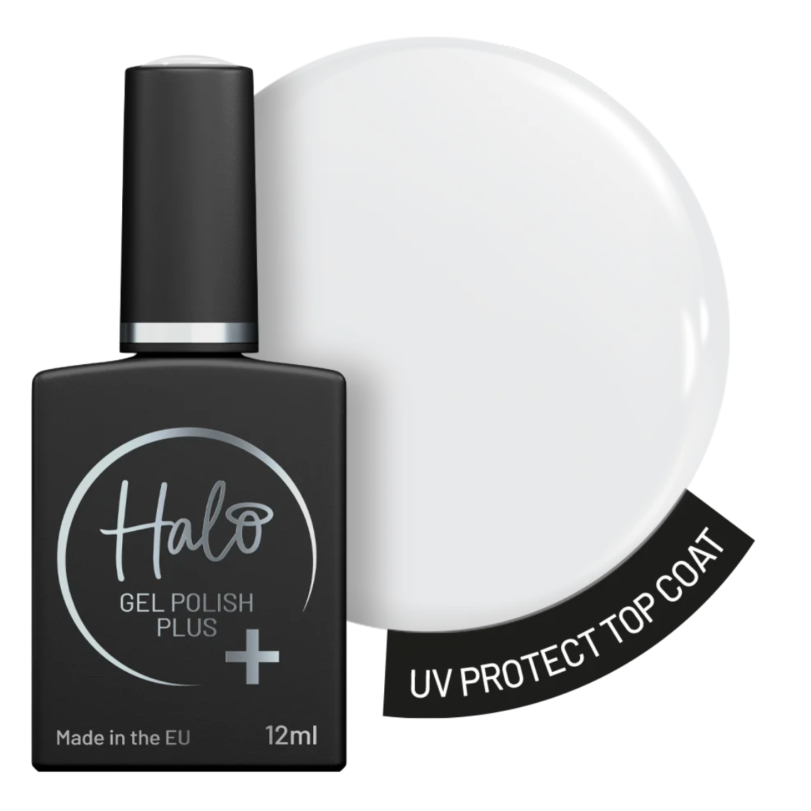 Black Halo Gel Polish Plus UV Protect Top Coat 12ml bottle beside a glossy clear swatch on white, helping protect gel nail colour.