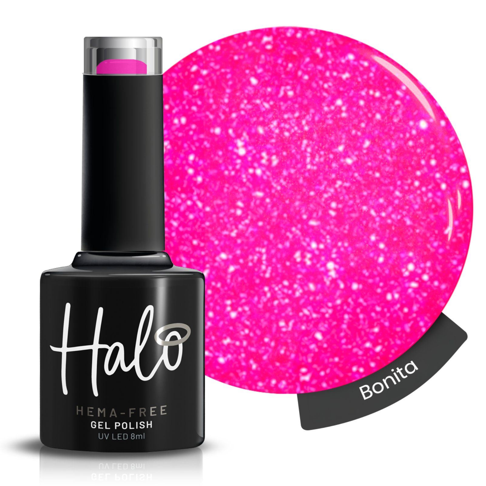 Halo UV/LED Gel Nail Polish 8ml Bonita – vibrant hot pink glitter HEMA-free soak off gel polish for UV and LED nail lamps with sparkling shimmer finish.
