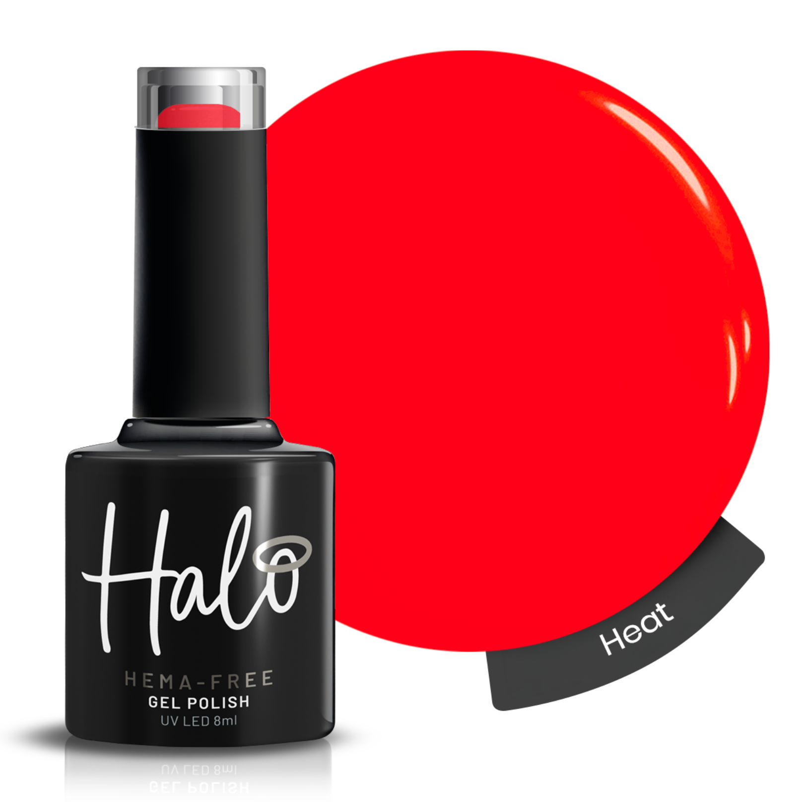 Halo UV/LED Gel Nail Polish 8ml Heat – bold bright red HEMA-free soak off gel nail polish with high-gloss finish for professional UV and LED manicures.