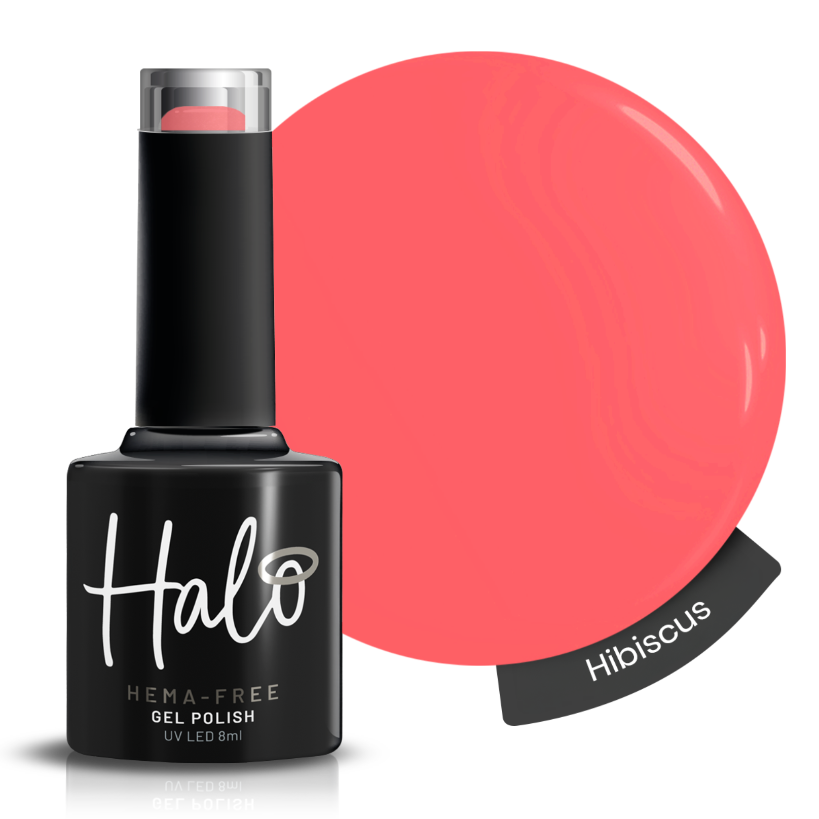 Halo UV/LED Gel Nail Polish 8ml Hibiscus – soft coral pink HEMA-free soak off gel nail polish with glossy salon-quality finish for UV and LED curing.
