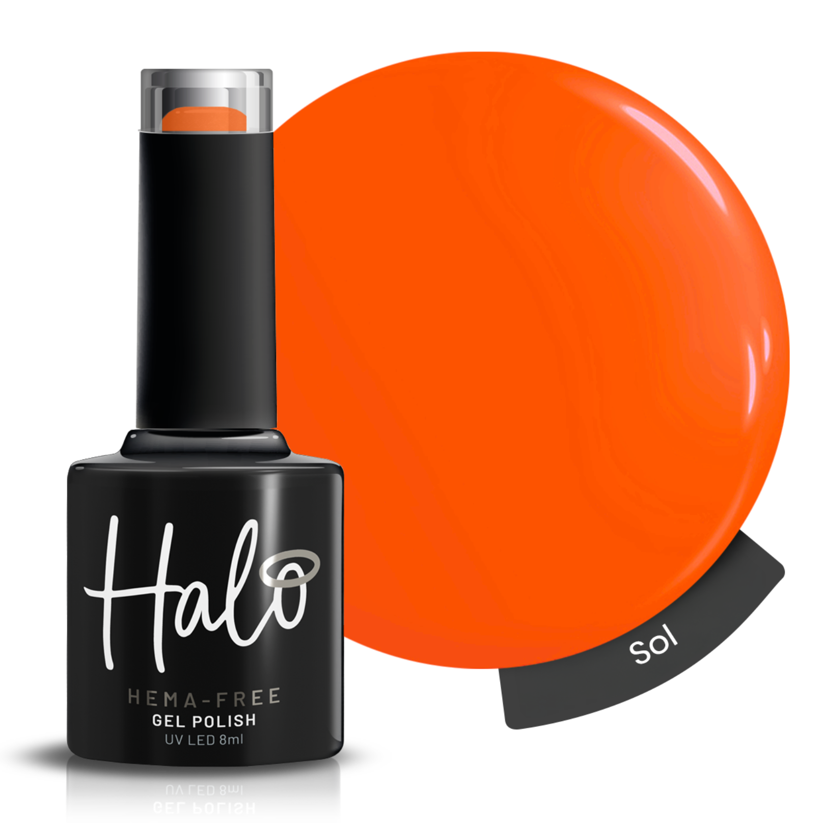 Halo UV/LED Gel Nail Polish 8ml Sol – vivid neon orange HEMA-free soak off gel polish with glossy finish for summer nail designs cured under UV and LED lamps.