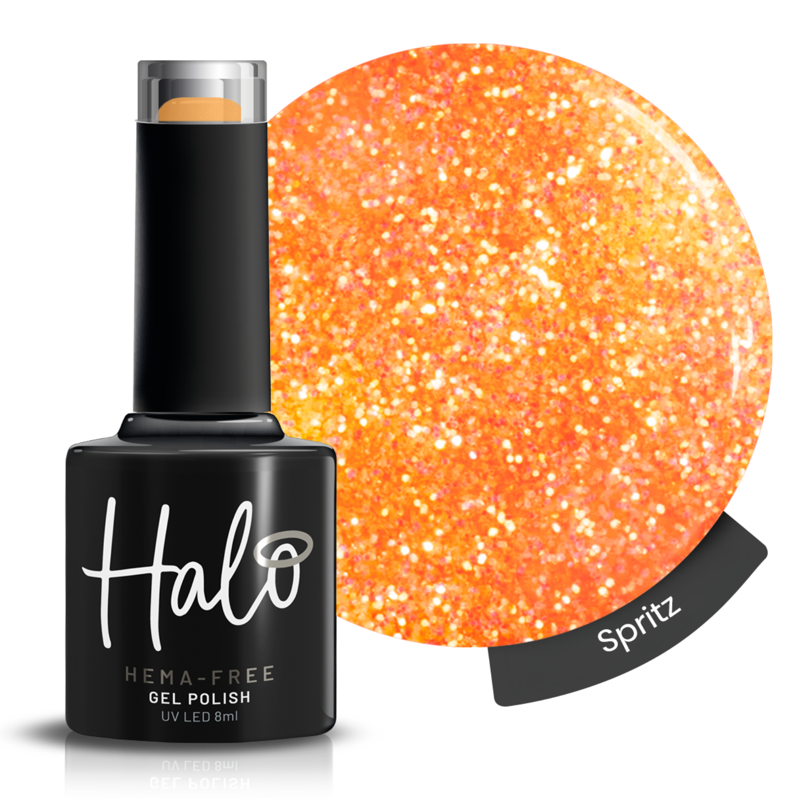 Halo UV/LED Gel Nail Polish 8ml Spritz – bright orange glitter HEMA-free soak off gel polish with sparkling iridescent finish for UV and LED curing.