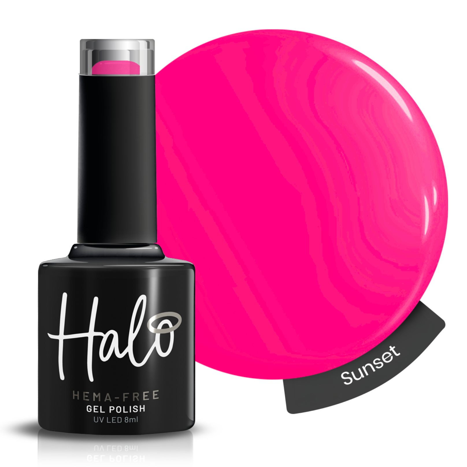 Halo UV/LED Gel Nail Polish 8ml Sunset – vibrant neon pink HEMA-free soak off gel polish with glossy high-pigment finish for UV and LED nail lamps.