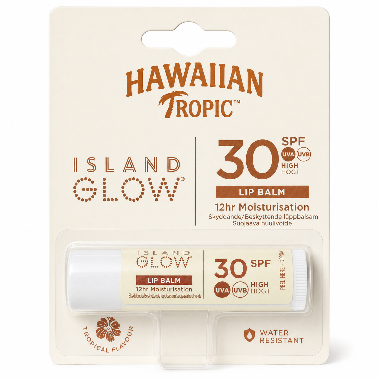 Hawaiian Tropic Island Glow Hydrating Protection Lip Balm SPF30 in retail packaging