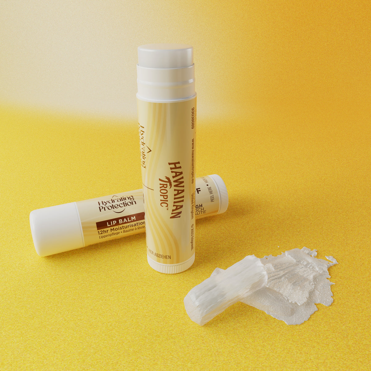 Hawaiian Tropic Island Glow SPF30 hydrating lip balm sticks with moisturising balm texture