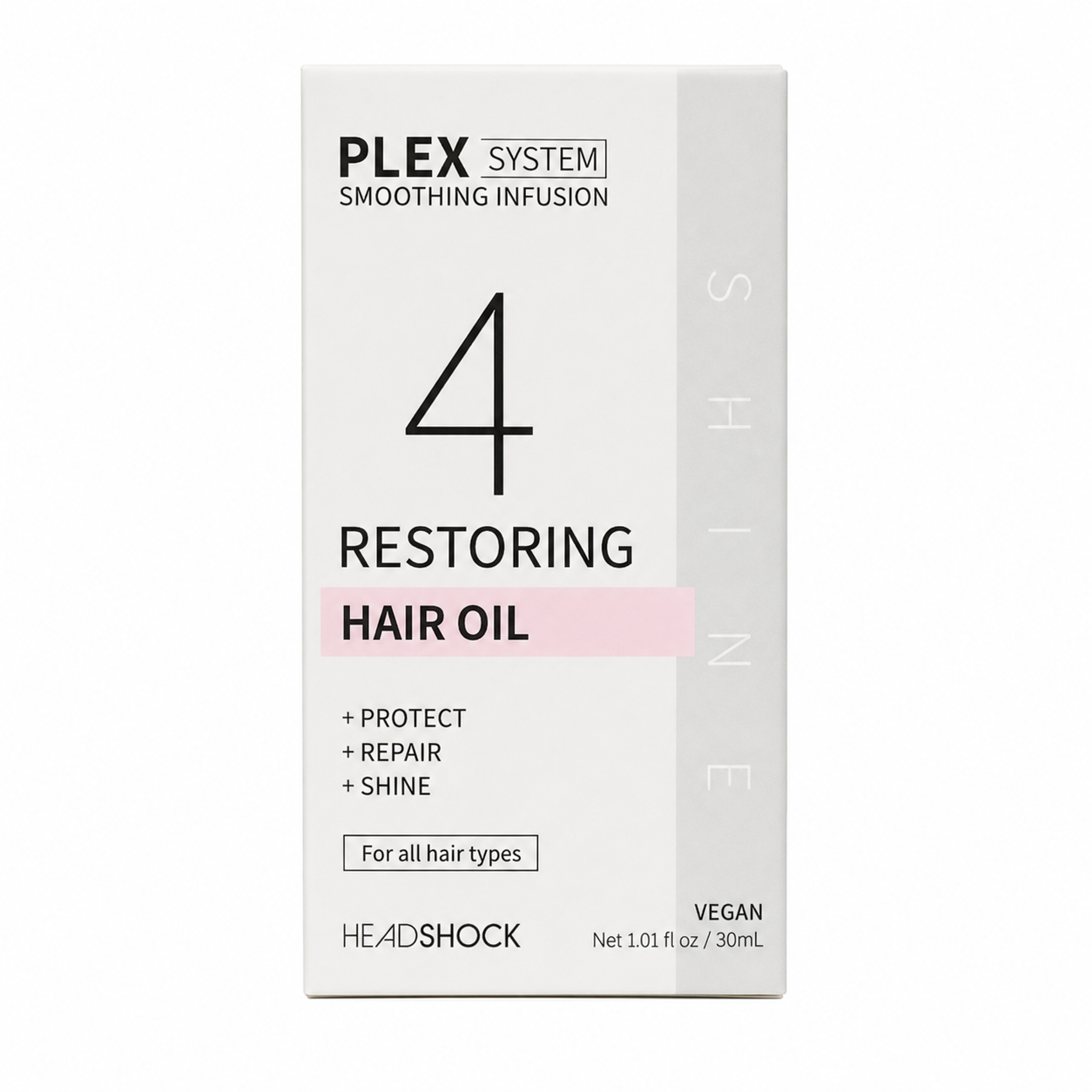     Front product image of the HEADSHOCK Plex System Smoothing Infusion Bond 4 Restoring Hair Oil 30ml retail box. Minimalist white, grey and pink packaging highlights the vegan hair oil's protect, repair and shine benefits for all hair types.