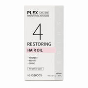     Front product image of the HEADSHOCK Plex System Smoothing Infusion Bond 4 Restoring Hair Oil 30ml retail box. Minimalist white, grey and pink packaging highlights the vegan hair oil's protect, repair and shine benefits for all hair types.