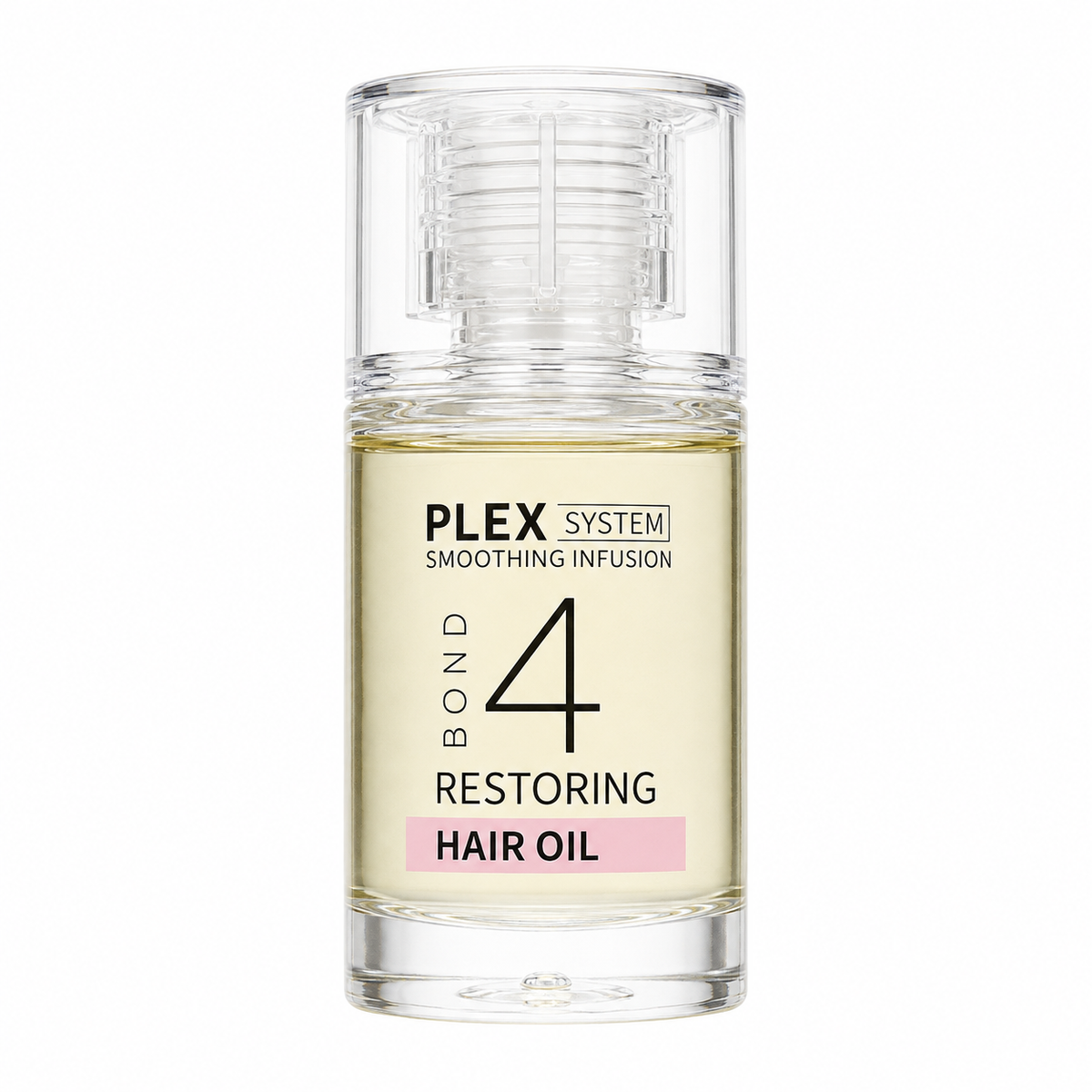     Front product image of HEADSHOCK Plex System Smoothing Infusion Bond 4 Restoring Hair Oil, shown in a clear 30ml pump bottle containing pale golden hair oil with a transparent cap. Part of the Plex System Smoothing Infusion hair care range for restoring and protecting hair.