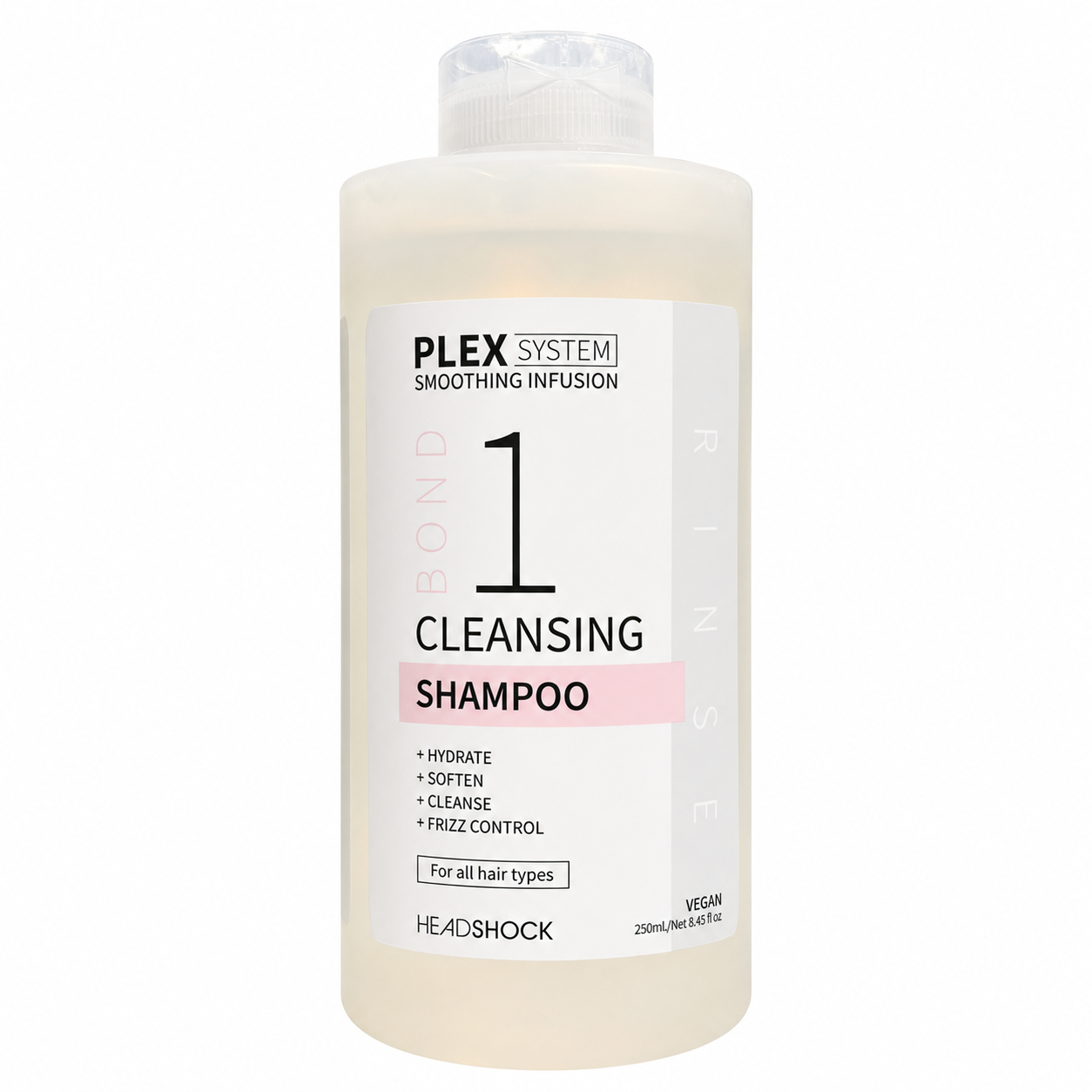 Front product image of HEADSHOCK Plex System Smoothing Infusion Bond 1 Cleansing Shampoo, a 250ml translucent cream-coloured bottle with clear cap and white and pink label. Vegan shampoo for all hair types, designed to hydrate, soften, cleanse and control frizz.