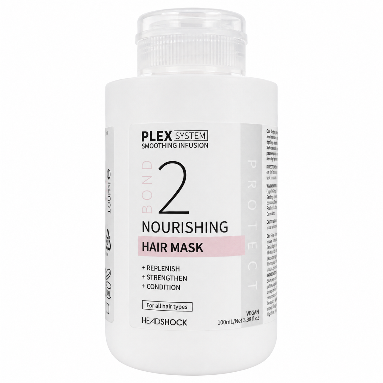 Front angled product image of HEADSHOCK Plex System Smoothing Infusion Bond 2 Nourishing Hair Mask in a 100ml white bottle with clear cap and white and pink label. Vegan hair mask for all hair types, formulated to replenish, strengthen and condition hair.